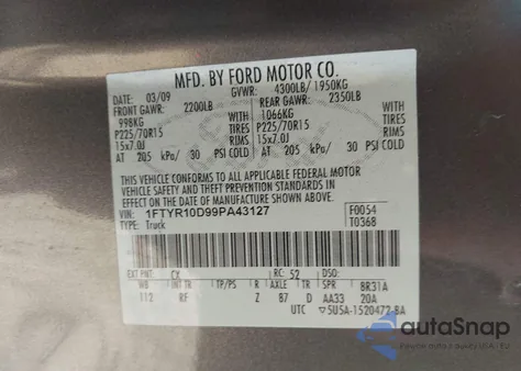 2009 Ford Ranger Sport/Xl/Xlt z USA, uszkodzony, nr VIN 1FTYR10D99PA43127